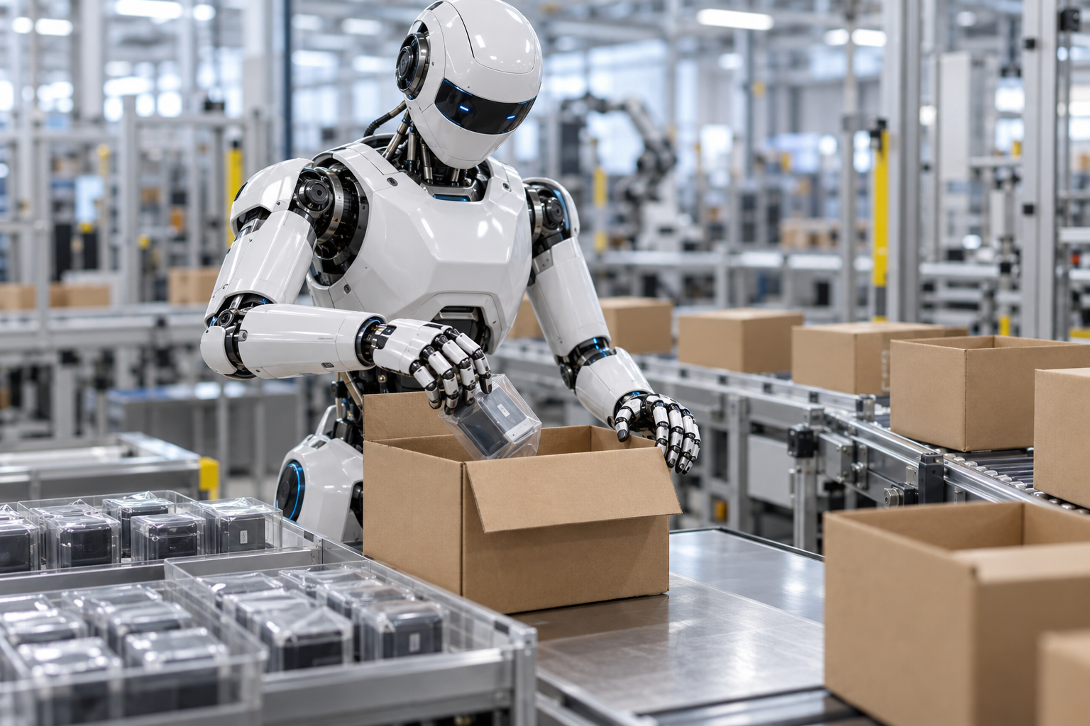Visualización conceptual de un robot empacando productos en una fábrica