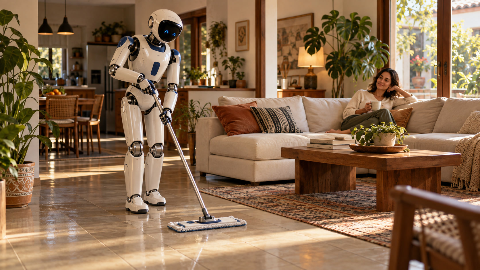 Escena conceptual de un humanoide limpiando el piso de una casa