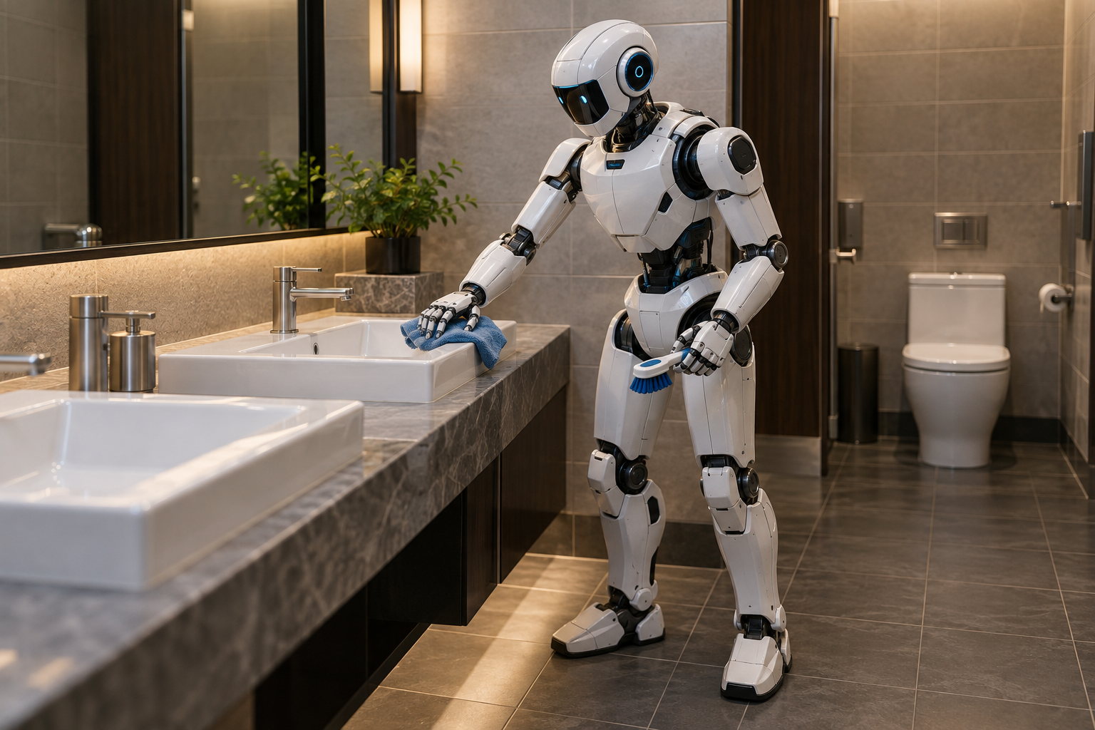 Visualización conceptual de un robot limpiando el baño de un restaurante